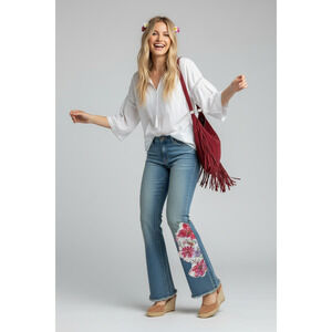 Thalia Sodi Jeans Womens Sz 13 Blue Embroidered Red Floral Flare Fringe Boho VNT